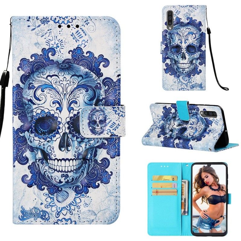 Leren Hoesje voor Samsung Galaxy A50 Blauwe Schedel