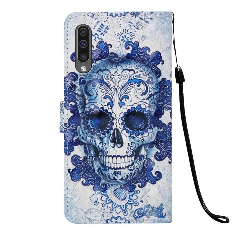 Leren Hoesje voor Samsung Galaxy A50 Blauwe Schedel