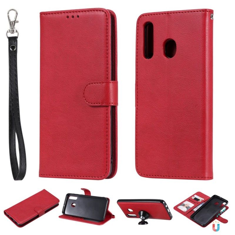 Leren Hoesje voor Samsung Galaxy A50 Rood Zwart Leereffect Met String