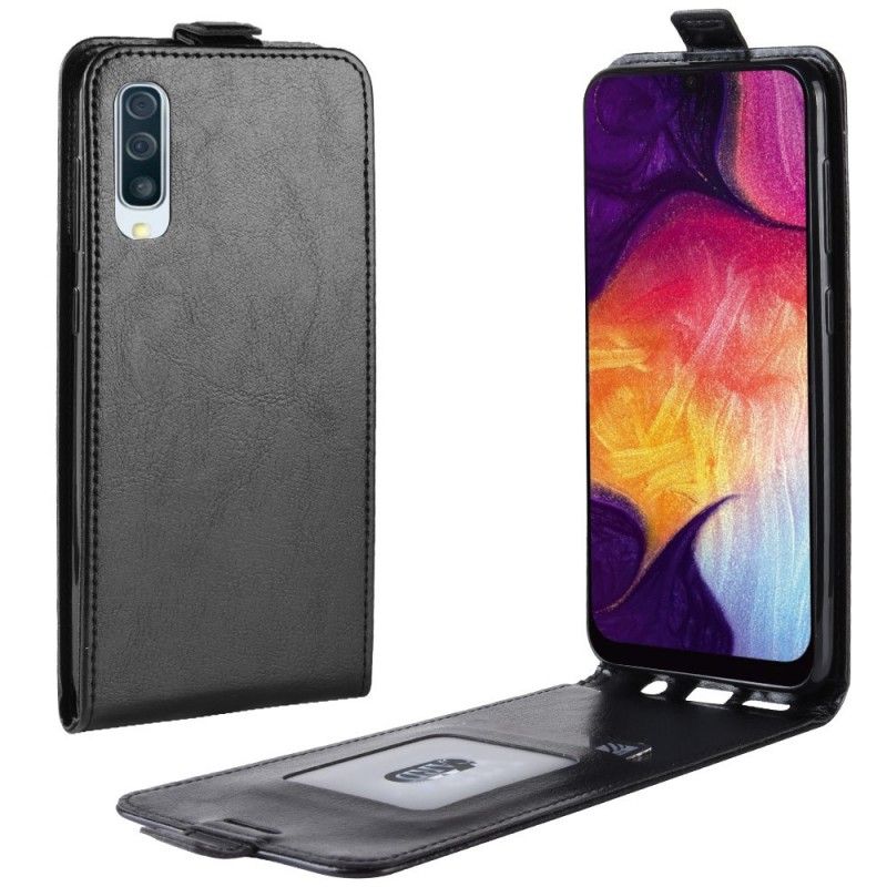 Leren Hoesje voor Samsung Galaxy A50 Wit Zwart Vouwledereffect