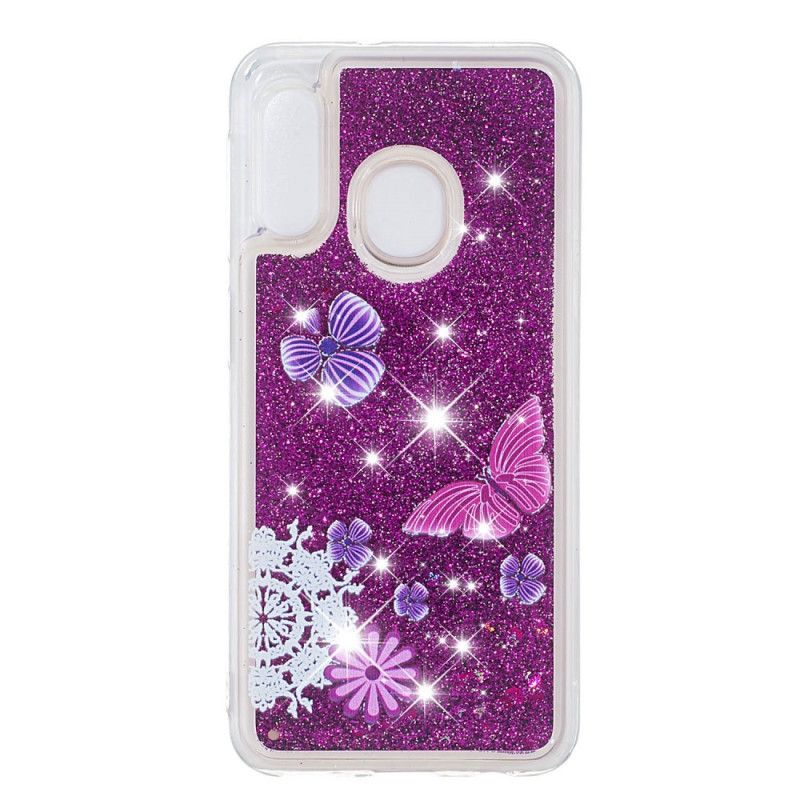 Hoesje Samsung Galaxy A20e Paarse Glittervlinders