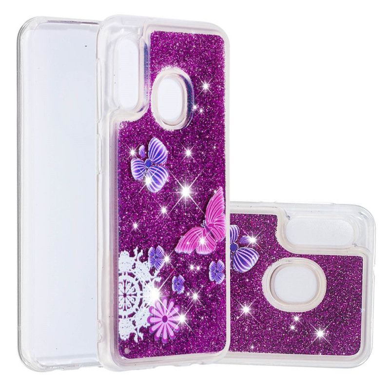 Hoesje Samsung Galaxy A20e Paarse Glittervlinders