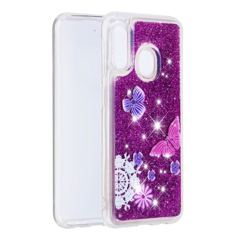 Hoesje Samsung Galaxy A20e Paarse Glittervlinders