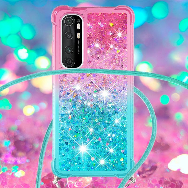 Hoesje Xiaomi Mi Note 10 Lite Lichtblauw Roze Siliconen Glitter En Koord