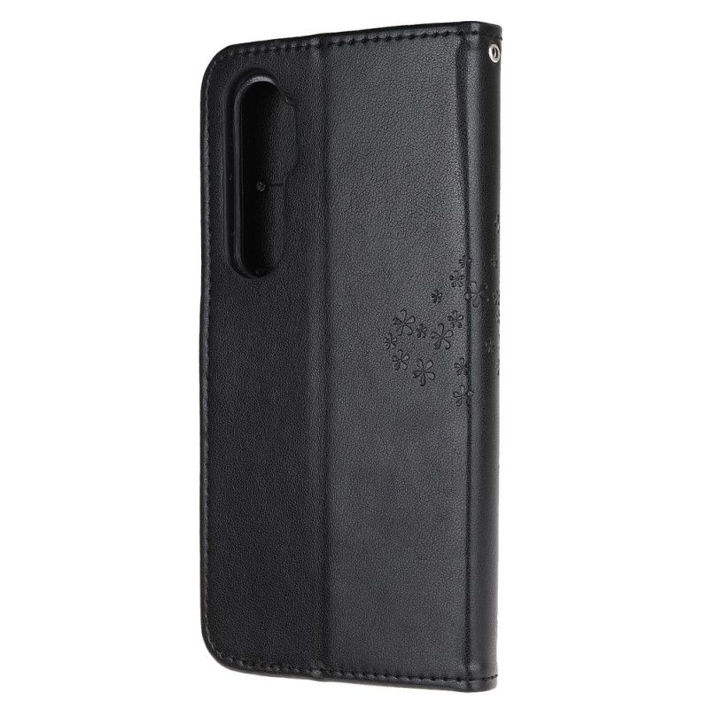 Leren Hoesje voor Xiaomi Mi Note 10 Lite Grijs Zwart Boom En String Uilen