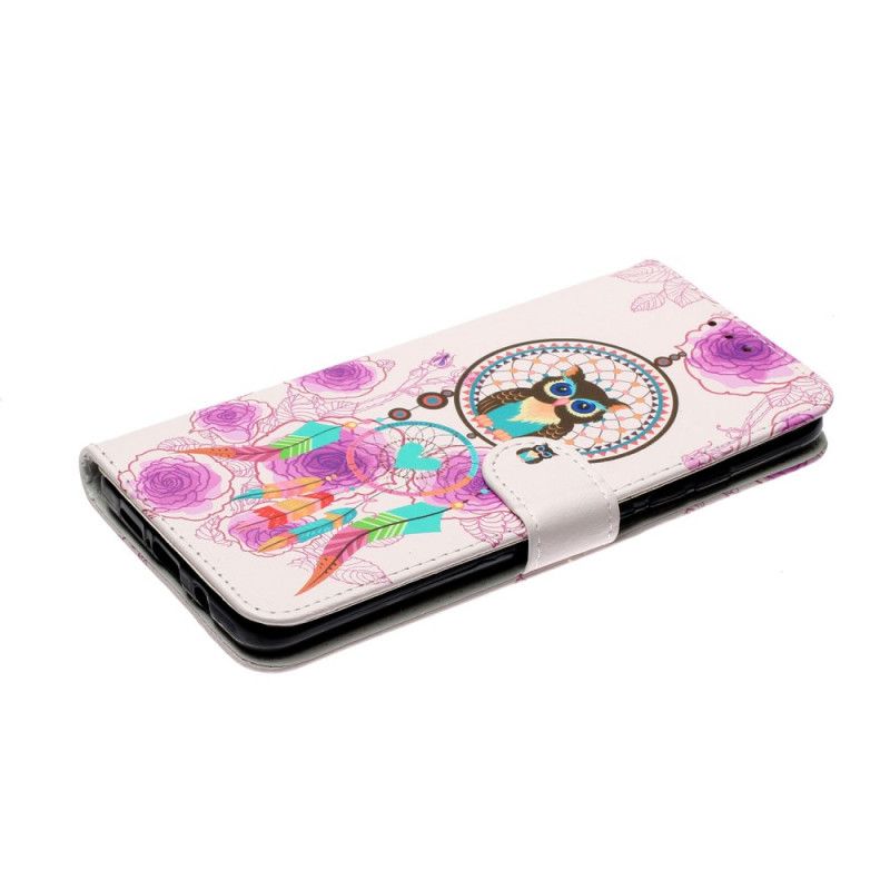 Leren Hoesje voor Xiaomi Mi Note 10 Lite Uil Dromenvanger Met Bloemen