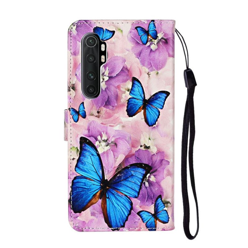 Leren Hoesje Xiaomi Mi Note 10 Lite Telefoonhoesje Blauwe Vlinders In De Bloemen