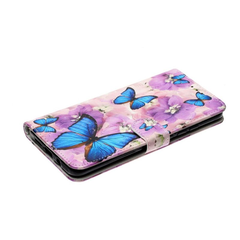 Leren Hoesje Xiaomi Mi Note 10 Lite Telefoonhoesje Blauwe Vlinders In De Bloemen