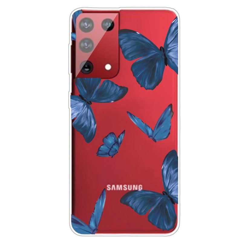 Case Hoesje Samsung Galaxy S21 Ultra 5G Donkerblauw Roze Telefoonhoesje Wilde Vlinders
