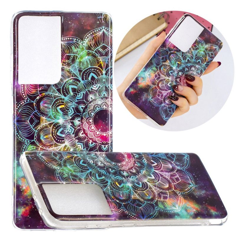 Case Hoesje Samsung Galaxy S21 Ultra 5G Donkerrood Zwart Telefoonhoesje Fluorescerende Bloemenreeks