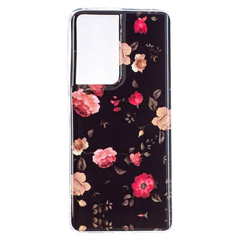 Case Hoesje Samsung Galaxy S21 Ultra 5G Donkerrood Zwart Telefoonhoesje Fluorescerende Bloemenreeks