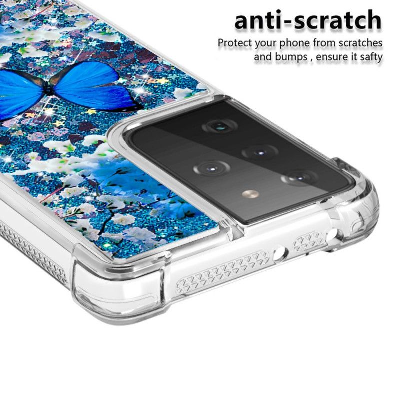 Case Hoesje Samsung Galaxy S21 Ultra 5G Telefoonhoesje Blauwe Glittervlinders