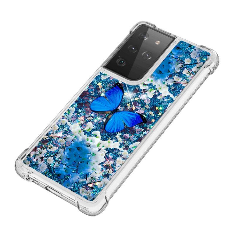 Case Hoesje Samsung Galaxy S21 Ultra 5G Telefoonhoesje Blauwe Glittervlinders