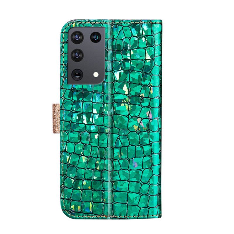Cover Folio-hoesje Samsung Galaxy S21 Ultra 5G Paars Lichtblauw Telefoonhoesje Krokodil Diamanten