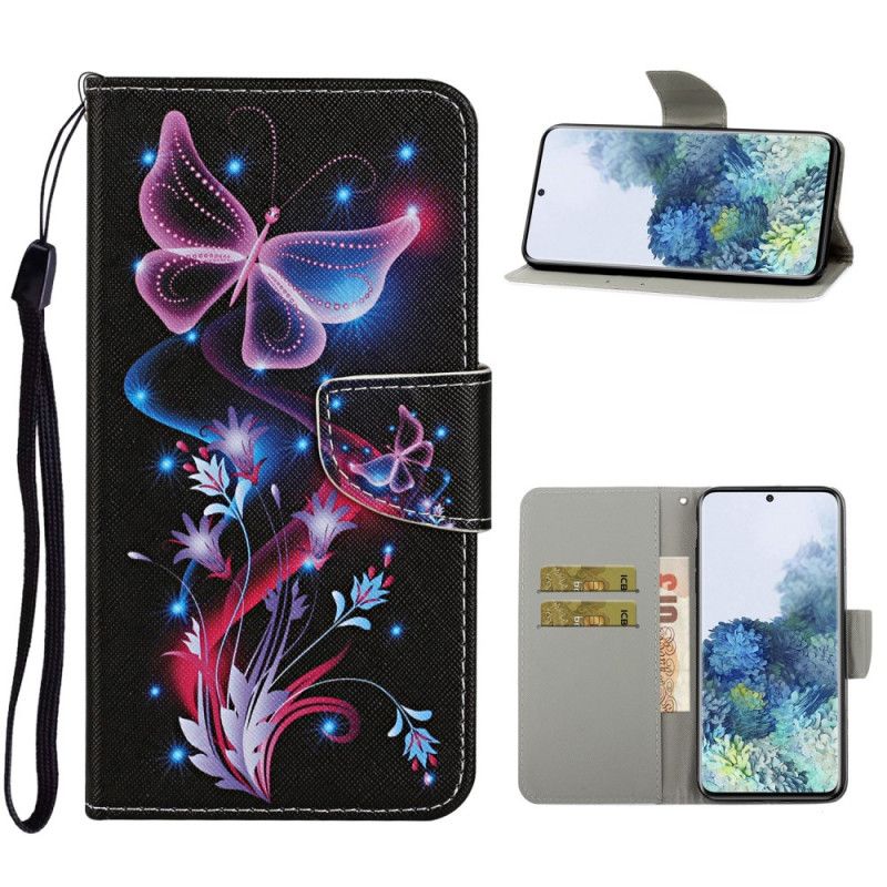 Cover Folio-hoesje Samsung Galaxy S21 Ultra 5G Wit Zwart Telefoonhoesje Vlinders En String