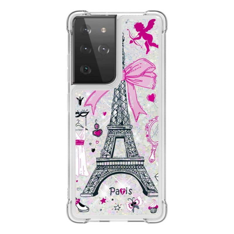 Cover Hoesje Samsung Galaxy S21 Ultra 5G Telefoonhoesje De Eiffeltoren Glitter