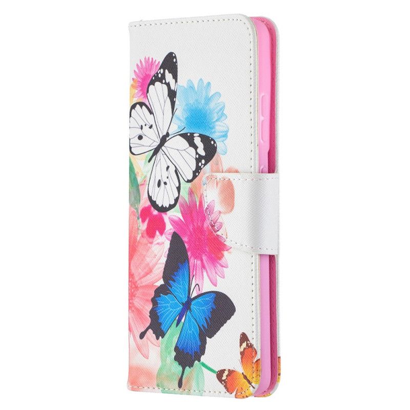 Flip Case Leren Samsung Galaxy S21 Ultra 5G Lichtblauw Magenta Geschilderde Vlinders En Bloemen