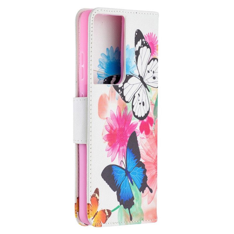 Flip Case Leren Samsung Galaxy S21 Ultra 5G Lichtblauw Magenta Geschilderde Vlinders En Bloemen