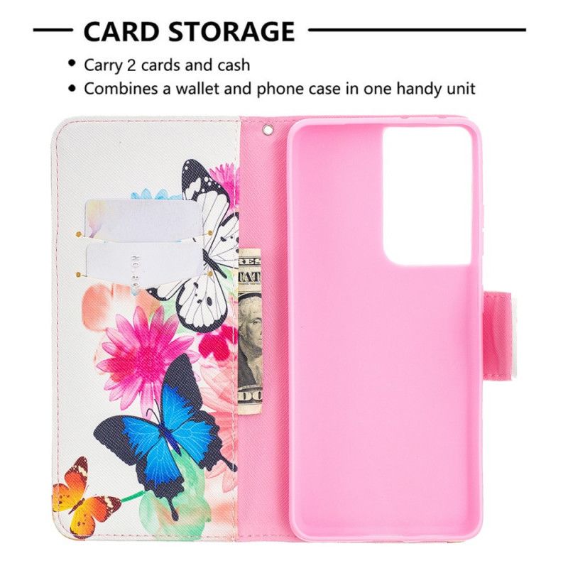 Flip Case Leren Samsung Galaxy S21 Ultra 5G Lichtblauw Magenta Geschilderde Vlinders En Bloemen