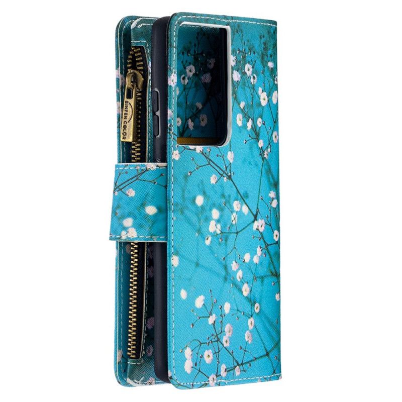 Flip Case Leren Samsung Galaxy S21 Ultra 5G Lichtblauw Wit Boomzak Met Ritssluiting