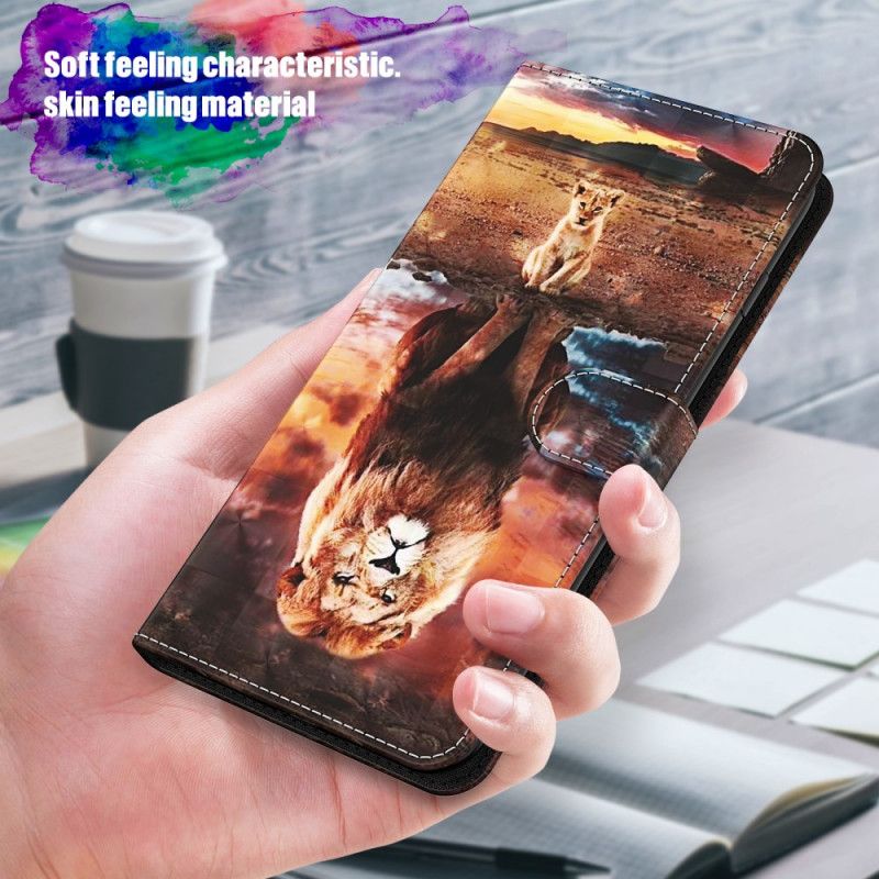 Flip Case Leren Samsung Galaxy S21 Ultra 5G Lichtvlek Leeuw Met Riempje