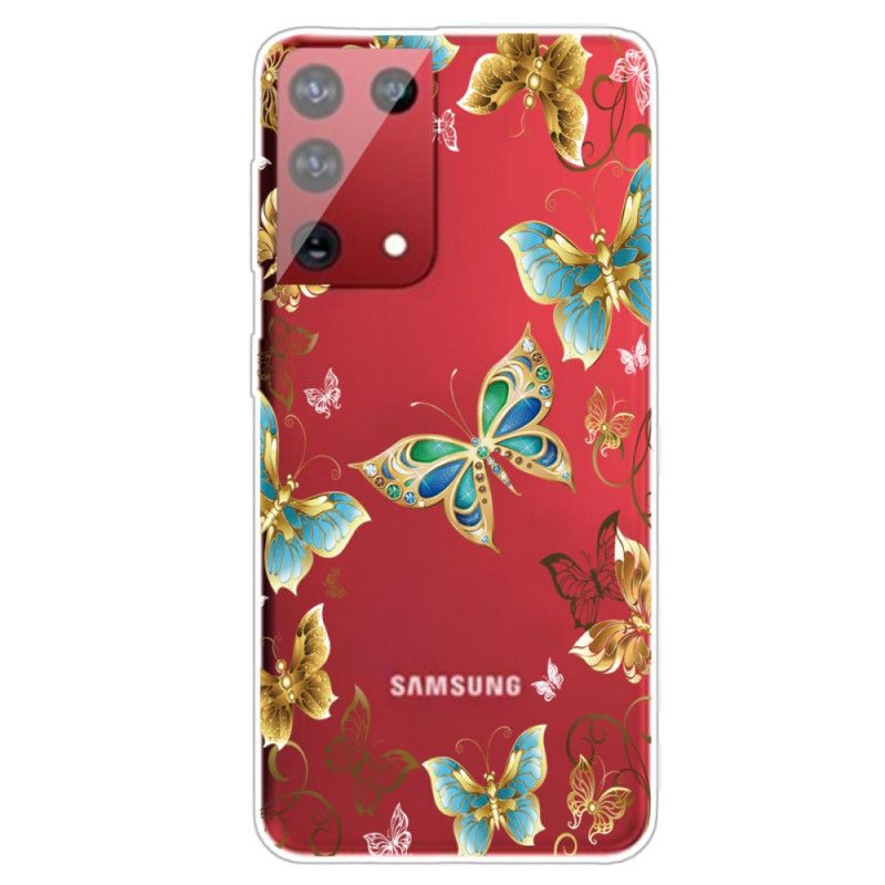 Hoesje Samsung Galaxy S21 Ultra 5G Goud Donkerblauw Design Vlinders