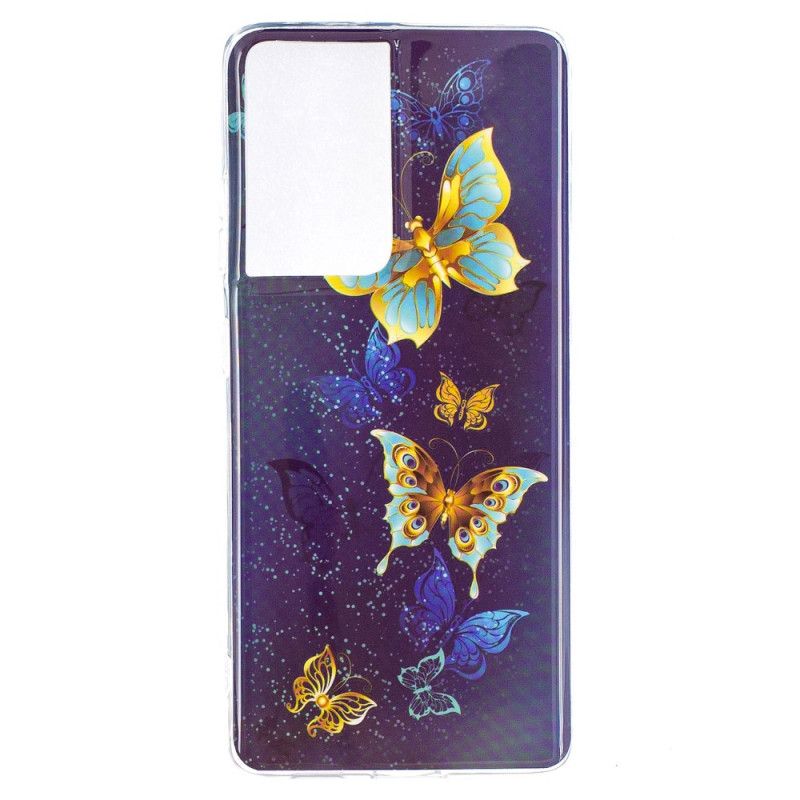 Hoesje Samsung Galaxy S21 Ultra 5G Lichtblauw Donkerblauw Serie Fluorescerende Vlinder