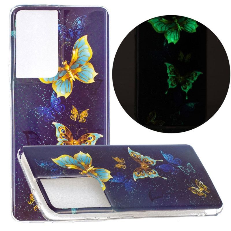 Hoesje Samsung Galaxy S21 Ultra 5G Lichtblauw Donkerblauw Serie Fluorescerende Vlinder