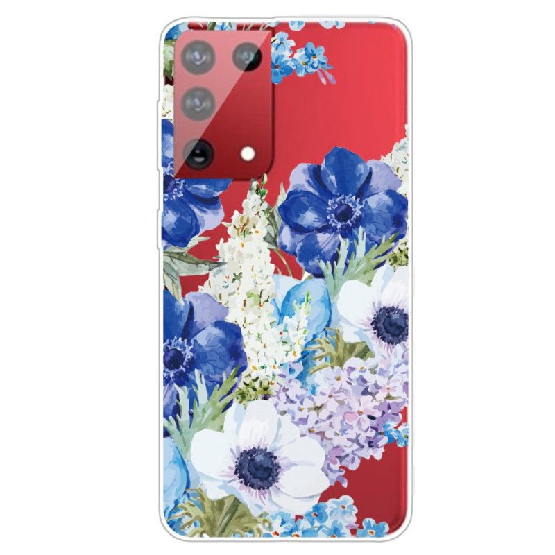 Hoesje Samsung Galaxy S21 Ultra 5G Telefoonhoesje Aquarel Blauwe Bloemen