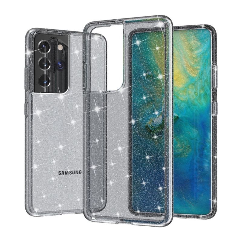 Hoesje Samsung Galaxy S21 Ultra 5G Zilver Zwart Transparante Glitter