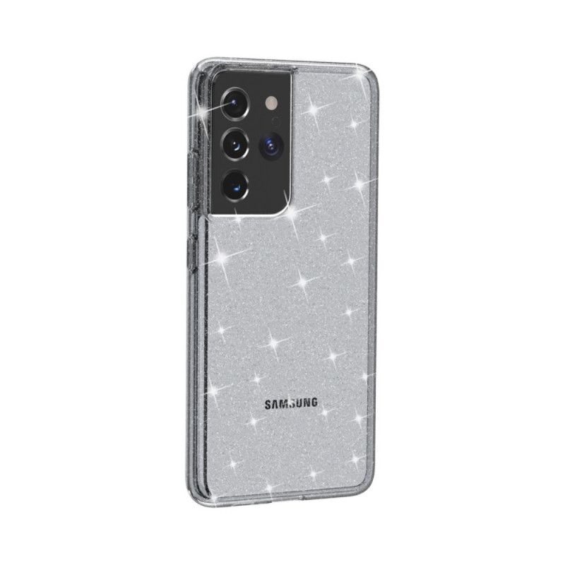 Hoesje Samsung Galaxy S21 Ultra 5G Zilver Zwart Transparante Glitter