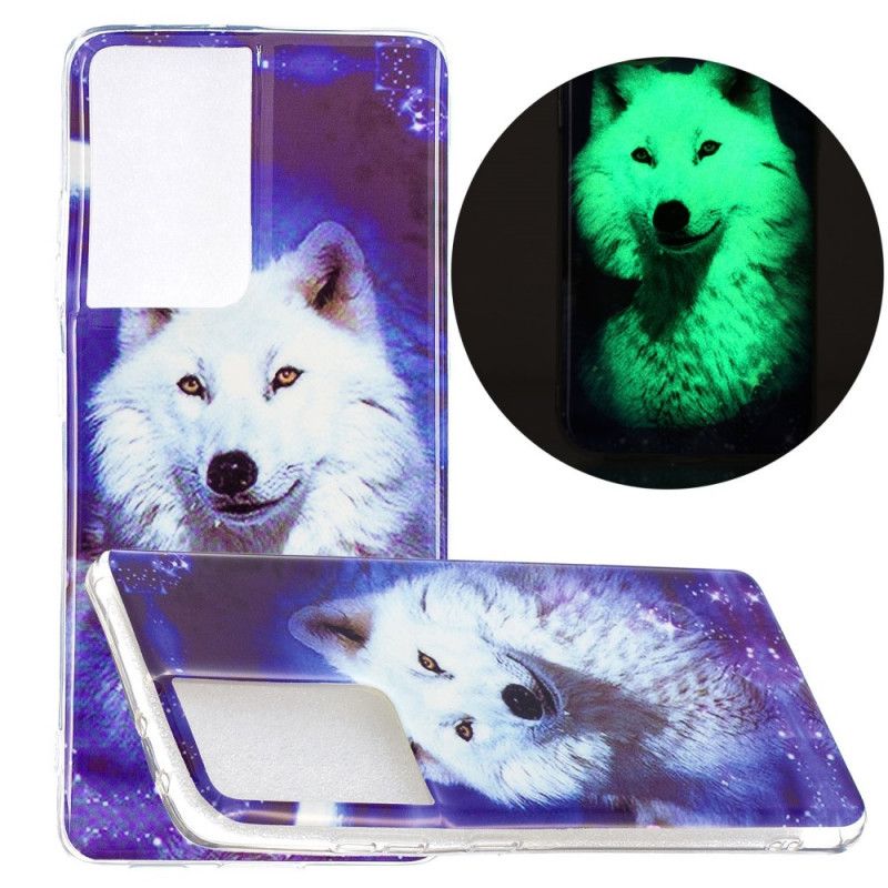 Hoesje voor Samsung Galaxy S21 Ultra 5G Donkerblauw Groen Serie Fluorescerende Wolven