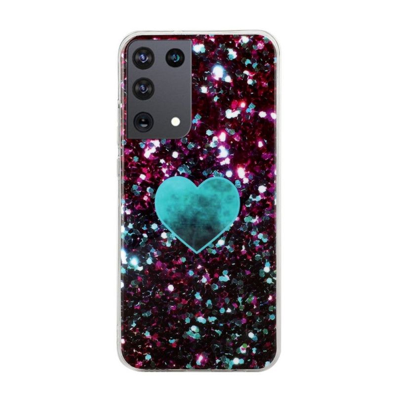 Hoesje voor Samsung Galaxy S21 Ultra 5G Wit Zwart Glitter Marmeren Hart