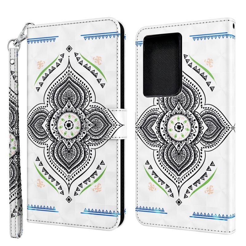 Leren Hoesje Samsung Galaxy S21 Ultra 5G Donkerblauw Wit Telefoonhoesje Lichtvlekjes Mandala Met Riempje