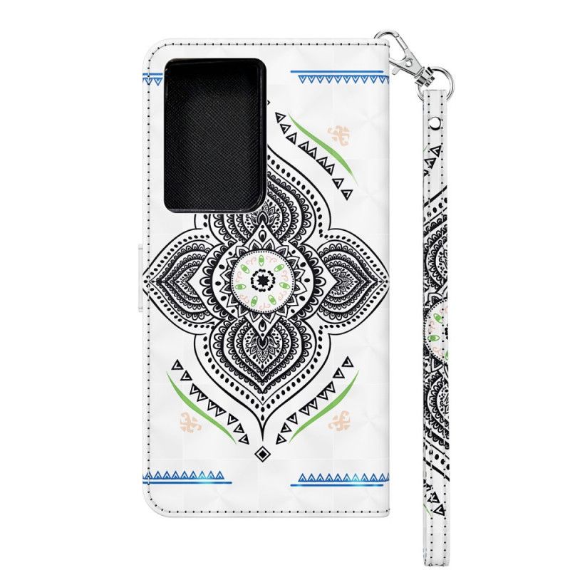 Leren Hoesje Samsung Galaxy S21 Ultra 5G Donkerblauw Wit Telefoonhoesje Lichtvlekjes Mandala Met Riempje