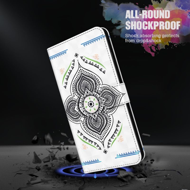 Leren Hoesje Samsung Galaxy S21 Ultra 5G Donkerblauw Wit Telefoonhoesje Lichtvlekjes Mandala Met Riempje