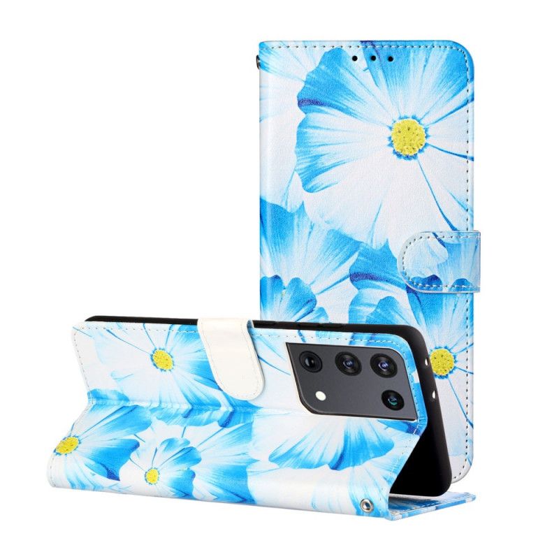 Leren Hoesje Samsung Galaxy S21 Ultra 5G Lichtblauw Zwart Telefoonhoesje Wilde Bloemen