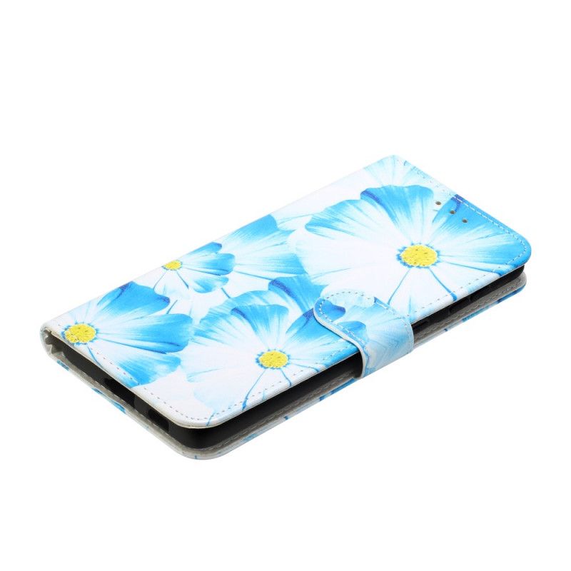 Leren Hoesje Samsung Galaxy S21 Ultra 5G Lichtblauw Zwart Telefoonhoesje Wilde Bloemen