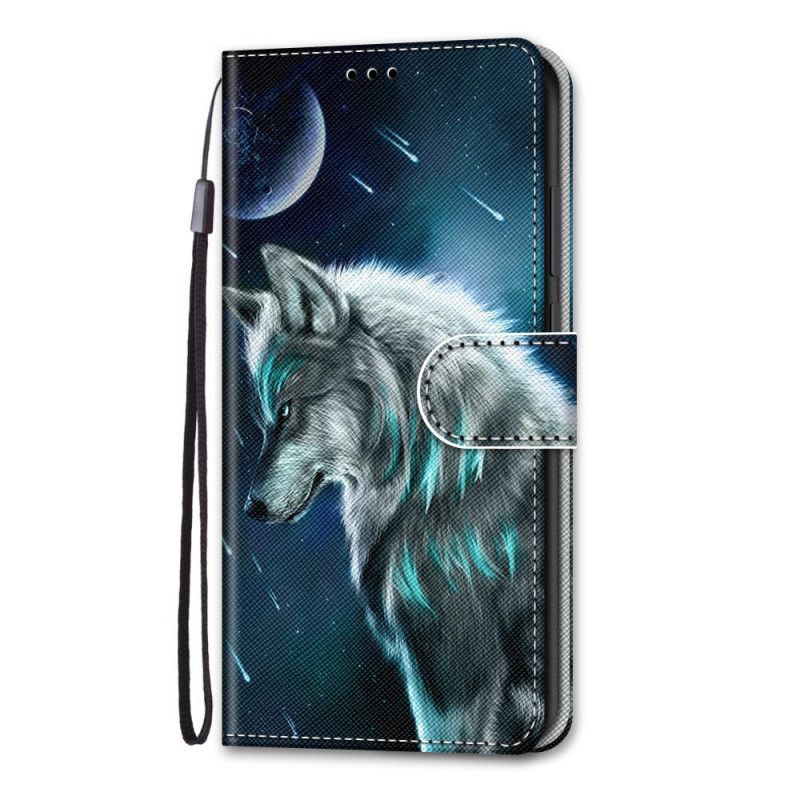 Leren Hoesje Samsung Galaxy S21 Ultra 5G Wolf Onder Een Sterrenregen