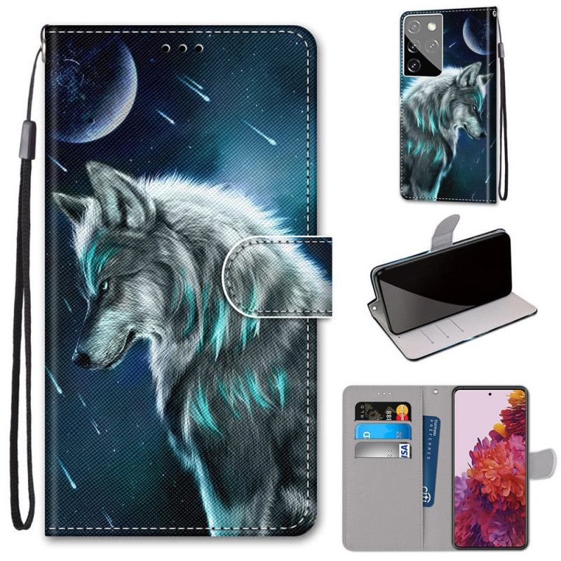 Leren Hoesje Samsung Galaxy S21 Ultra 5G Wolf Onder Een Sterrenregen