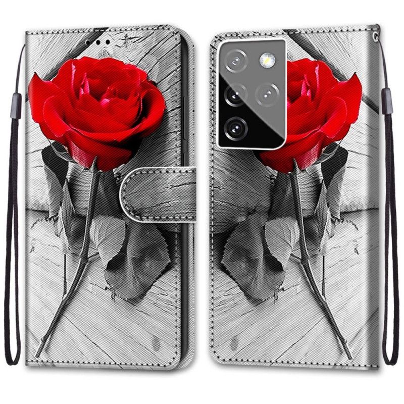 Leren Hoesje voor Samsung Galaxy S21 Ultra 5G Lichtblauw Rood Bloemenwonder