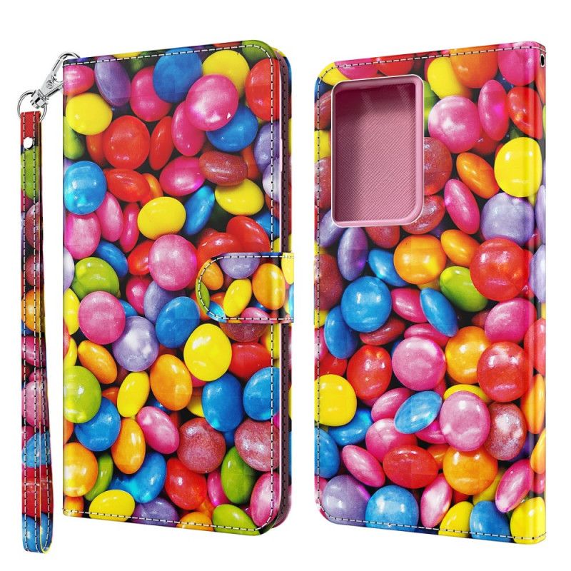 Leren Hoesje voor Samsung Galaxy S21 Ultra 5G Lichtvlek Candy Met Riempje