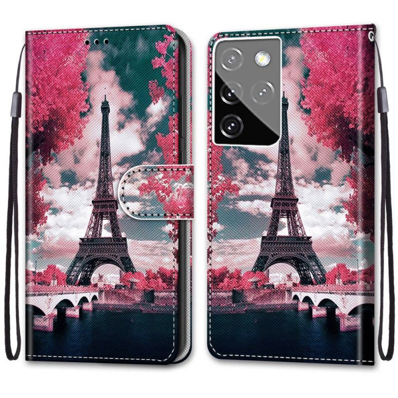 Leren Hoesje voor Samsung Galaxy S21 Ultra 5G Parijs In Bloei