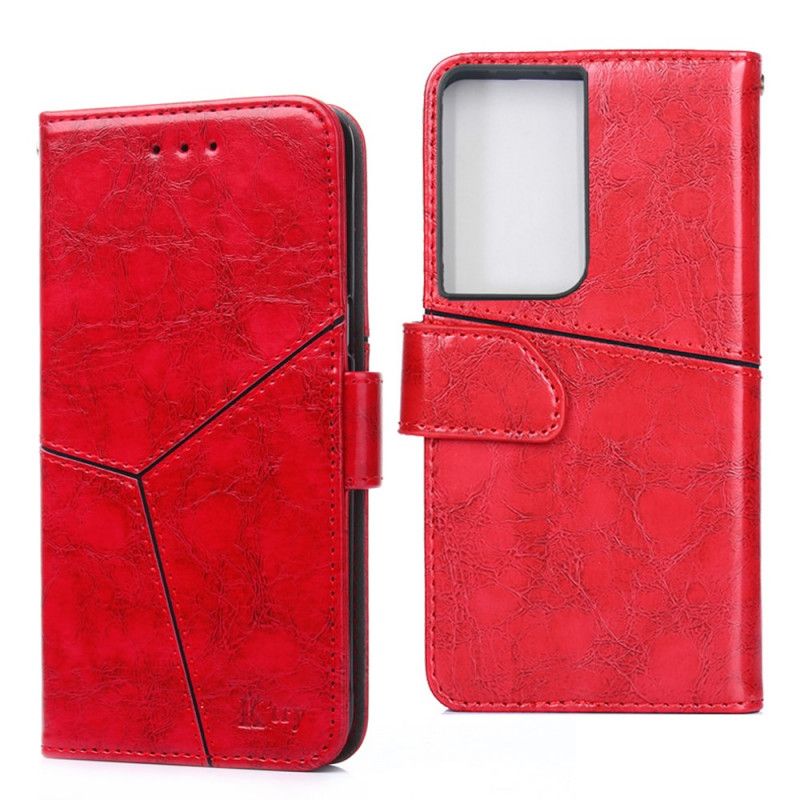 Leren Hoesje voor Samsung Galaxy S21 Ultra 5G Rood Zwart Geometrisch Leereffect