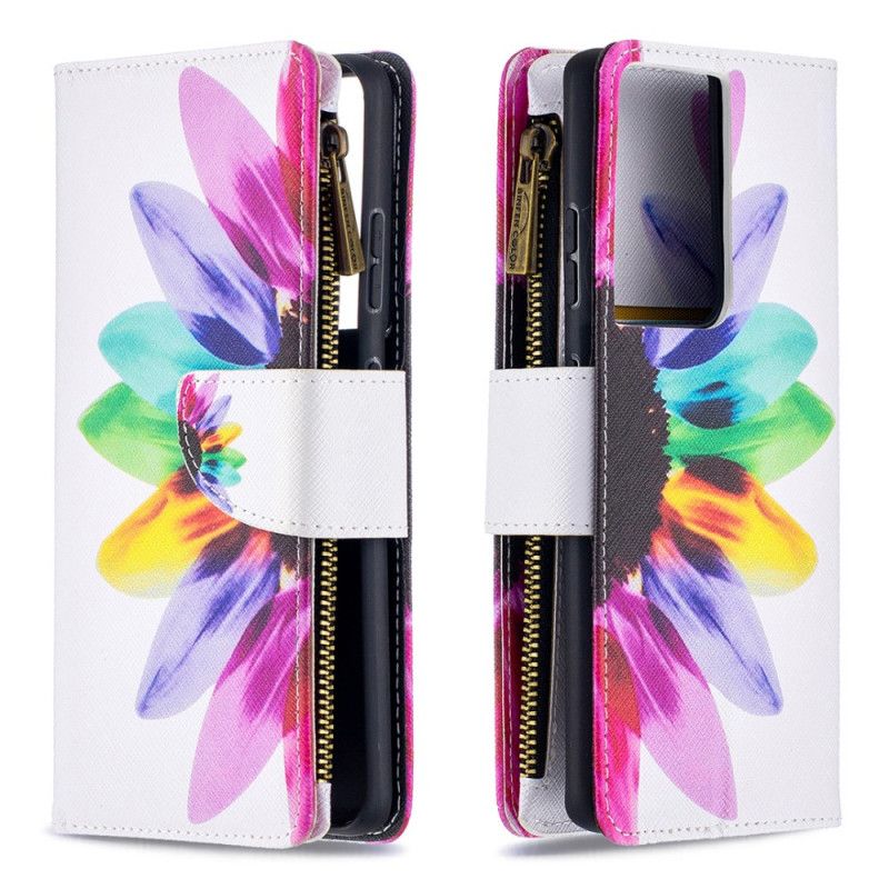 Leren Hoesje voor Samsung Galaxy S21 Ultra 5G Wit Zwart Bloemenzak Met Ritssluiting