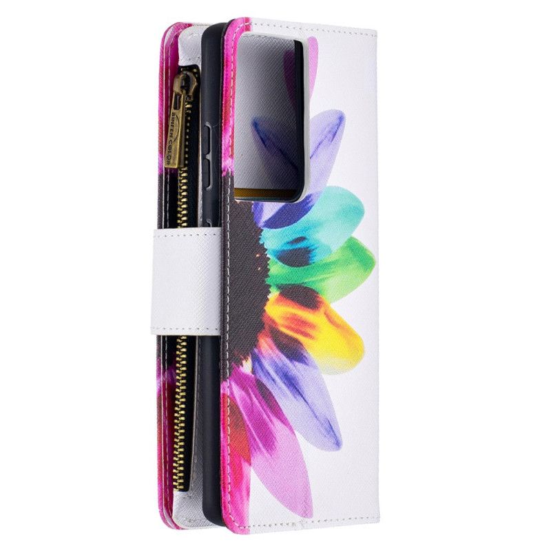 Leren Hoesje voor Samsung Galaxy S21 Ultra 5G Wit Zwart Bloemenzak Met Ritssluiting