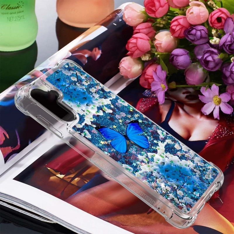 Hoesje Voor Samsung Galaxy A13 5g Blauwe Glittervlinders