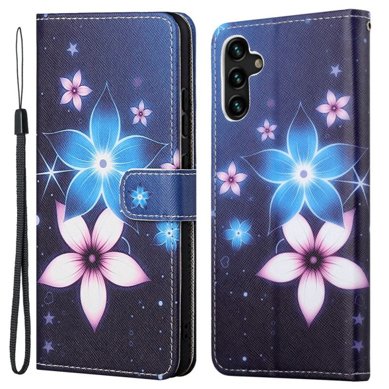 Leren Hoesje Voor Samsung Galaxy A13 5g Maanbloemen Met Riem