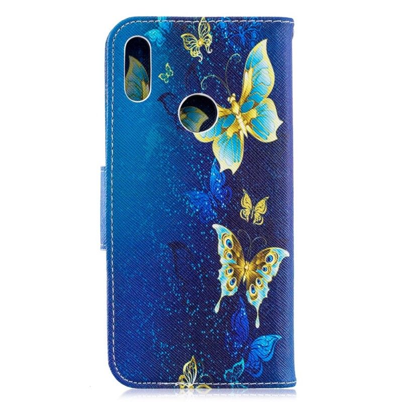 Flip Case Leren Huawei Y6 2019 Lichtblauw Magenta Vlinders In De Nacht