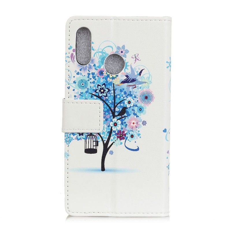 Leren Hoesje Huawei Y6 2019 Donkerblauw Oranje Bloeiende Boom